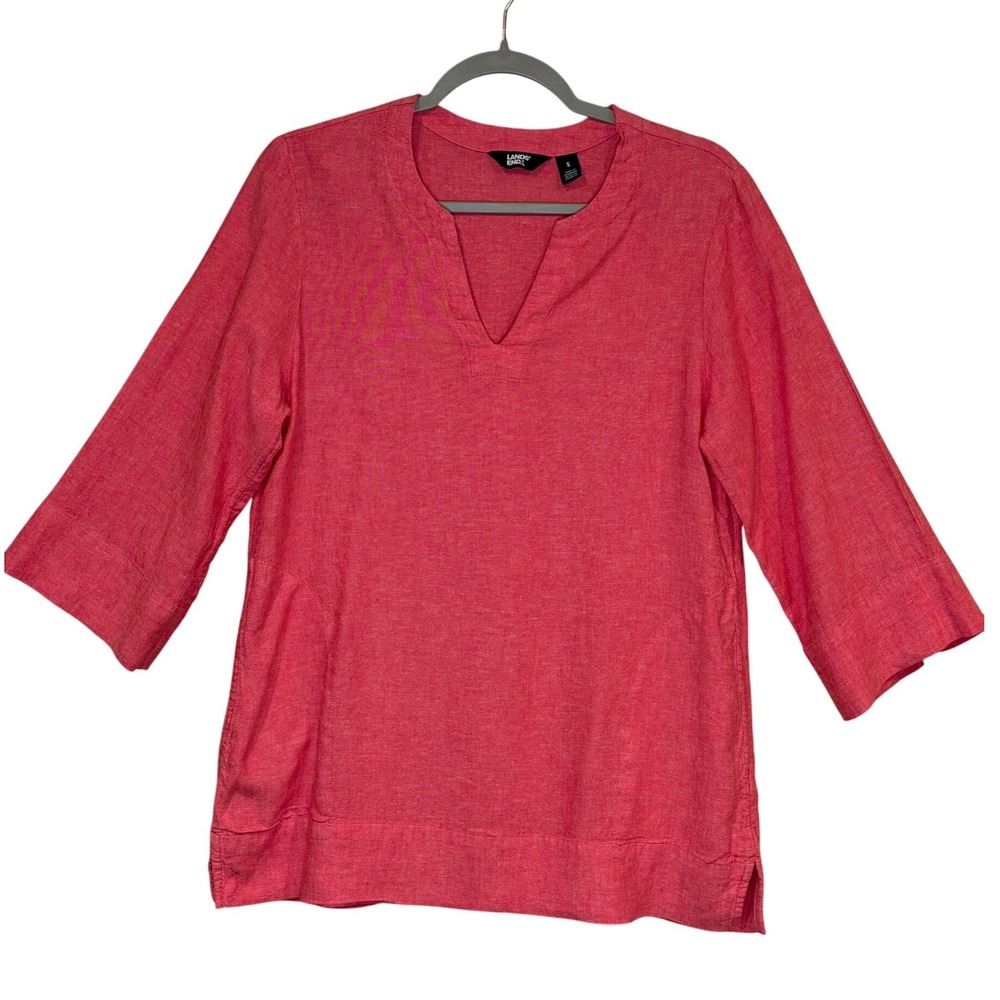 Lands' End Womens Tunic Top Pink Small Linen Blend 3/4 Sleeve‎ Summer